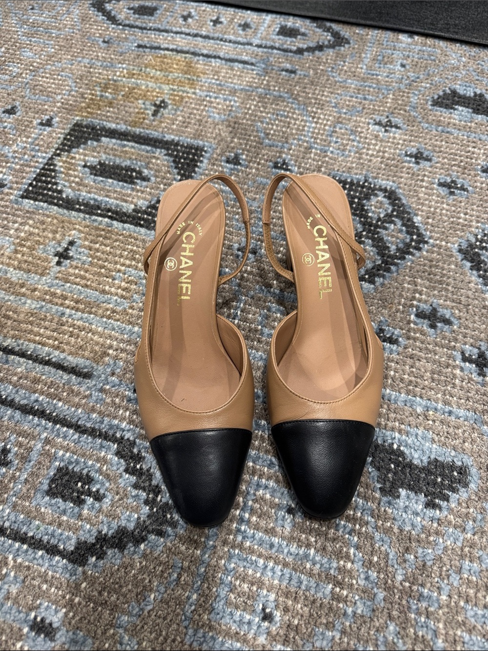 CHANEL Dark Beige and Black Two-Tone Slingback Mules